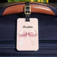 Bow pink name script luggage tag