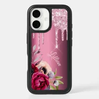 Pink glitter drip burgundy flowers name iPhone 16 case