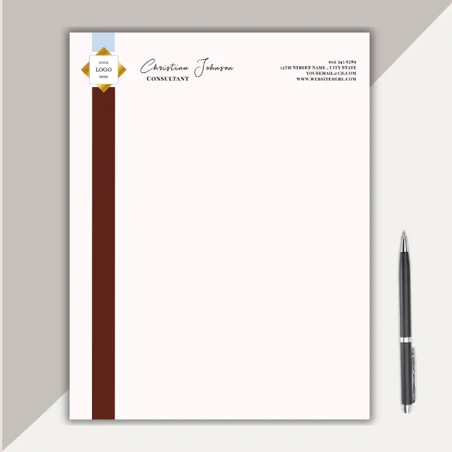 Trendy Brown Stripes Gold Logo Notepad