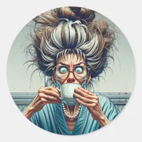 Hilarious Lady with Messy Bun and Coffee Classic Round Sticker