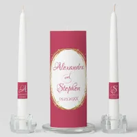 Magenta Calligraphy Couple Name Monogram Wedding Unity Candle Set