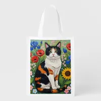Calico Cat and Folk Art Sunflowers Grocery Bag