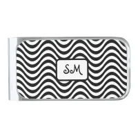 Monogram Black & White Wavy Stripes Psychedelic Silver Finish Money Clip