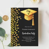 Graduation party black gold confetti invitation