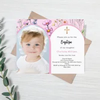 Pink photo arch florals girl Baptism invitation