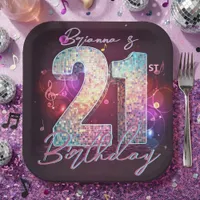 Disco Ball Musical Notes Pink 21st Birthday Paper Plates