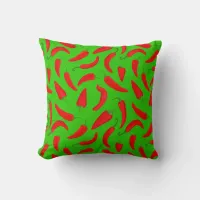 Red Chilli Pepper Pattern on Green Fun Throw Pillow