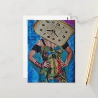 Vintage Alarm Clock Head Woman Collage Postcard