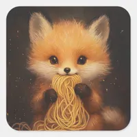 An adorable baby red fox eating spaghetti square sticker