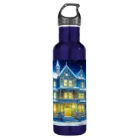 Joyeux Noël Pretty Blue Christmas House Stainless Steel Water Bottle