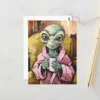 Alien in a Pink Robe With Coffee Postcard