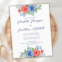 Red White Blue Floral 4th July Patriotic Wedding Invitation Postcard