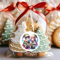 Merry Christmas Watercolor Anime Elves Holiday Classic Round Sticker