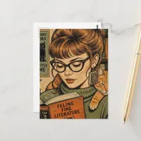 Beautiful Lady and Her Cat Reading Postcard