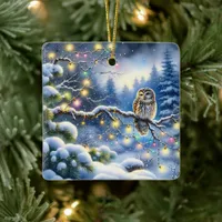 Christmas Owl in a Magical Winter Forest Ceramic Ornament