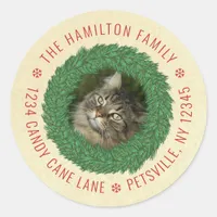 Cute Cat Christmas Wreath Pet Photo Return Address Classic Round Sticker