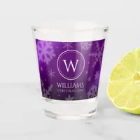 Festive Purple Foil Snowflakes Monogram Name Shot Glass