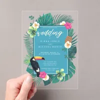 Watercolor Tropical w/Toucan Wedding Teal ID577 Acrylic Invitations