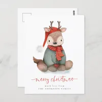 Cute Reindeer Watercolor Merry Christmas Holiday Postcard