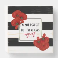 Red Poppies on Black & White Striped Background Wooden Box Sign