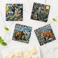 Fox, Bear, Owl and Wolf Mosaic Style Ai Art Coaster Set