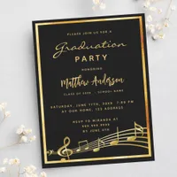 Graduation party black music gold invitation postcard