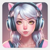 Anime Girl with Furry Ears and Headphones Square Sticker