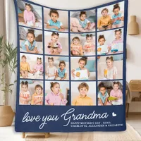 Modern Grandma Custom Navy Blue 16 Photo Collage  Fleece Blanket