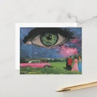 Surreal Party Retro People and Car Eye in Sky Postcard