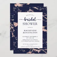 Chic Navy Blue Rose Gold Marble Bridal Shower  Invitation