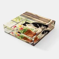 Watercolor Cat and Flowers on Window Sill Paperweight