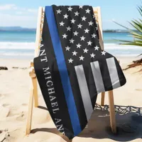 Modern Thin Blue Line Personalized Police Officer Beach Towel