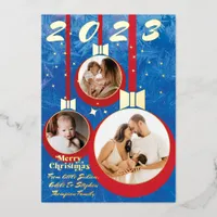 Festive Red & Blue First Christmas 3 Photo Collage Foil Holiday Card