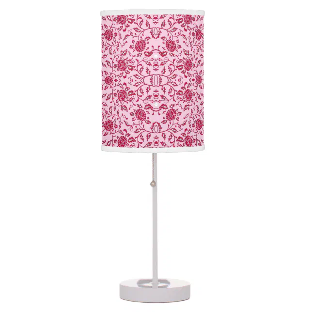 Elegant Flowery Pink and Red Damask Table Lamp