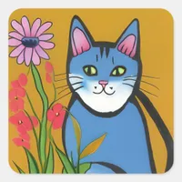 Whimsical Blue Cat with Pink Flower Folk Art Square Sticker