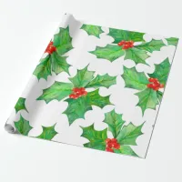 Holly Leaves, Berries, Red, Green Floral Christmas Wrapping Paper