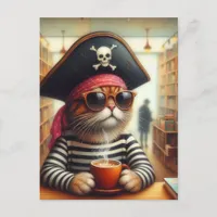 Funny AI Art Pirate Cat With Coffee In Bookstore Postcard