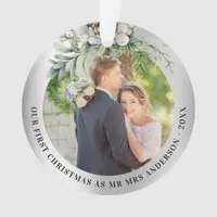 Cone greenery newly weds 1st christmas photo ornament