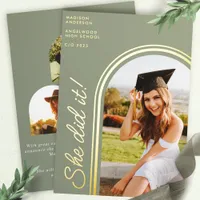 She Did It Sage Green Modern Arch Photo Graduation Foil Invitation