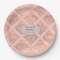 Foil Damask Rose Gold and Blush Wedding Paper Plates