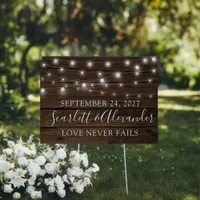 Rustic String Lights Wood Wedding Announcement Sign