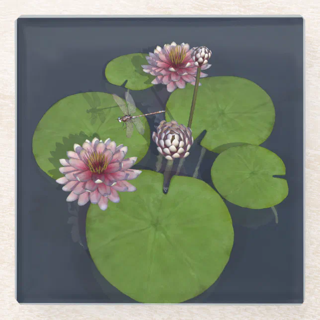 Pretty Pink Water Lily and Dragonfly Glass Coaster