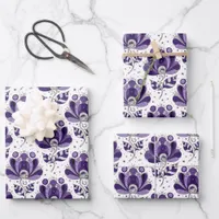Abstract Doodle Art Style Flowers Shades of Purple Wrapping Paper Sheets