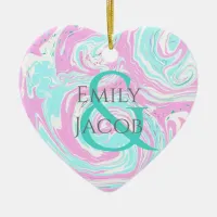 Personalized Pink and Teal Heart  Christmas Ceramic Ornament