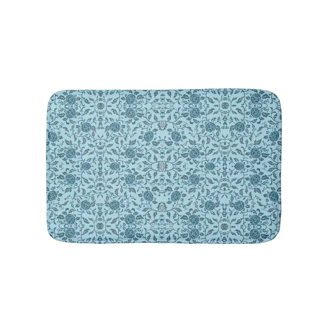 Elegant Flowery Teal Damask Bathroom Mat