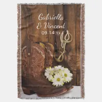 Cowboy Boots, Daisies Horse Bit Country Wedding Throw Blanket