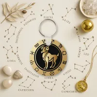 Fiery Gold Etched Aries Zodiac Wheel  Keychain