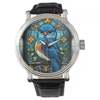 Majestic Bluebird Perched on Stained Glass Window Watch