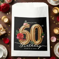 Glam Chic Gold Red Roses on Black 60th Birthday Favor Bag