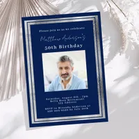 Navy blue silver photo birthday invitation